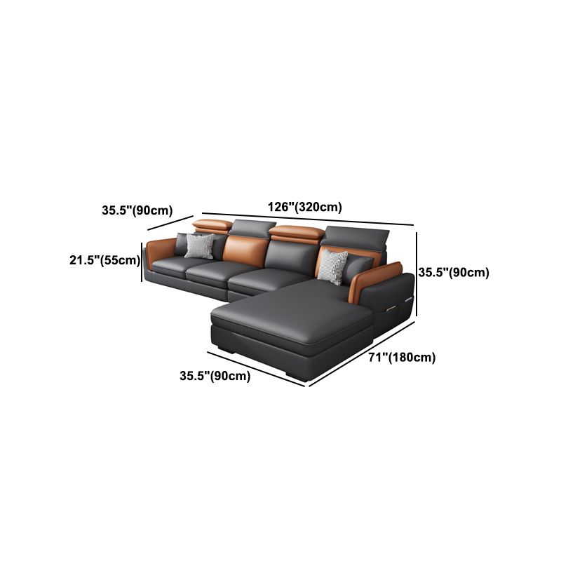 Scandinavian Dark Gray Cushion Back Faux Leather Storage Sofa & Chaise