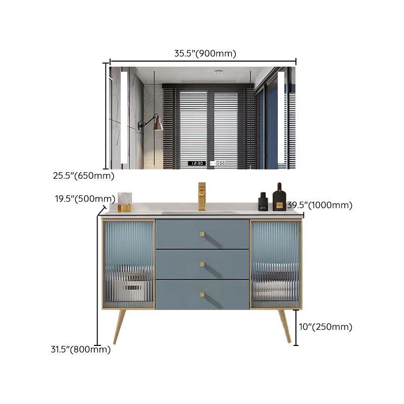 Freestanding Bathroom Vanity Blue Wood Frame Single Sink Rectangular Vanity with 3 Drawers