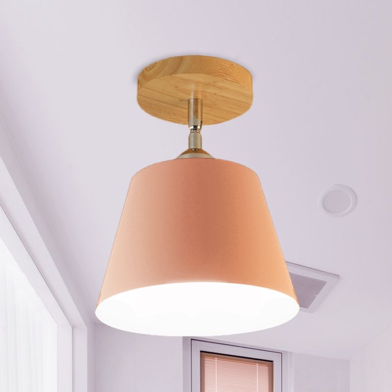 1 Light Tapered Semi Flush Pendant Light Modernism Gray/Pink Metal and Wood Adjustable Ceiling Light