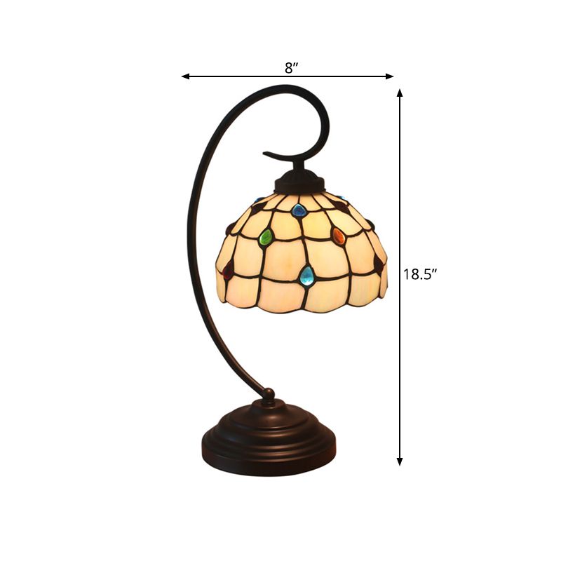 Curvy Arm Metal Night Table Light Baroque 1 Light Dark Coffee Task Lighting with Lattice Bowl Beige Glass Shade