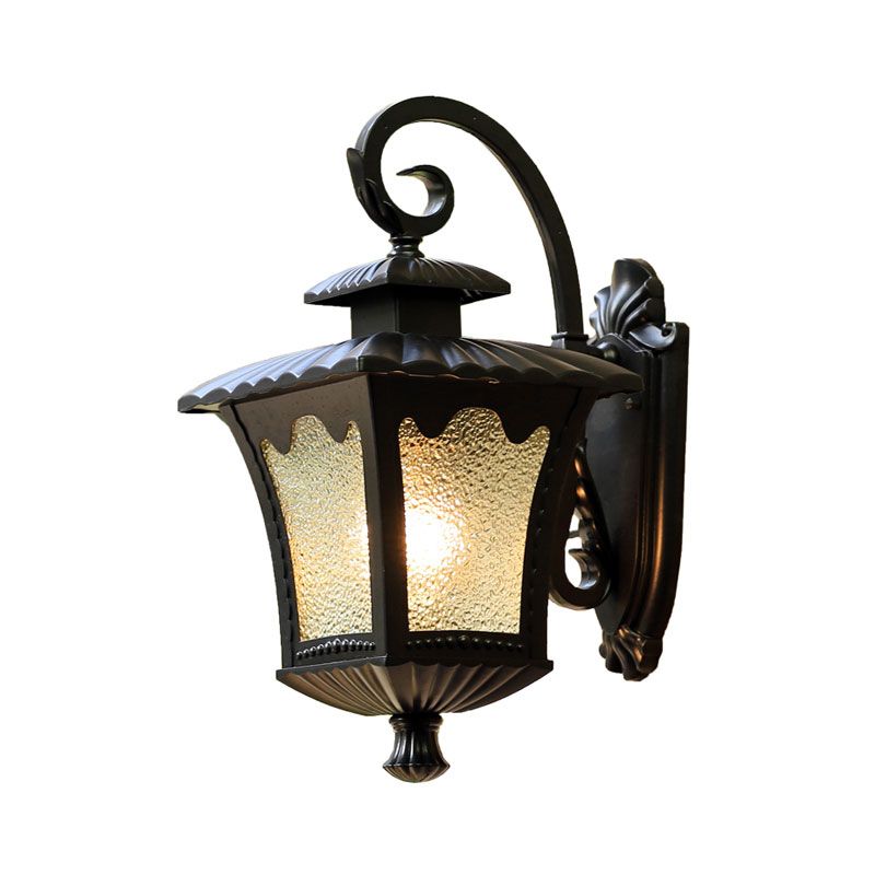 1 Head Wall Light Fixture Vintage Lantern Shaped Seedy Glass Wall Mounted Lamp in Black for Yard