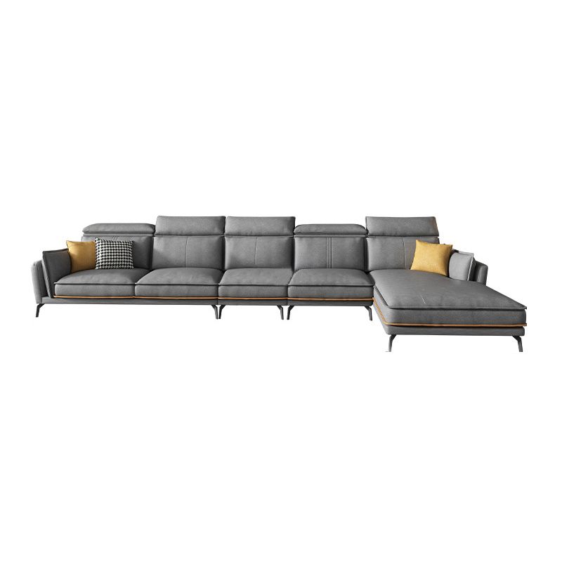 Modern Square Arm Cushion Back Sectional Faux Leather Sofa and Chaise in Dark Gray