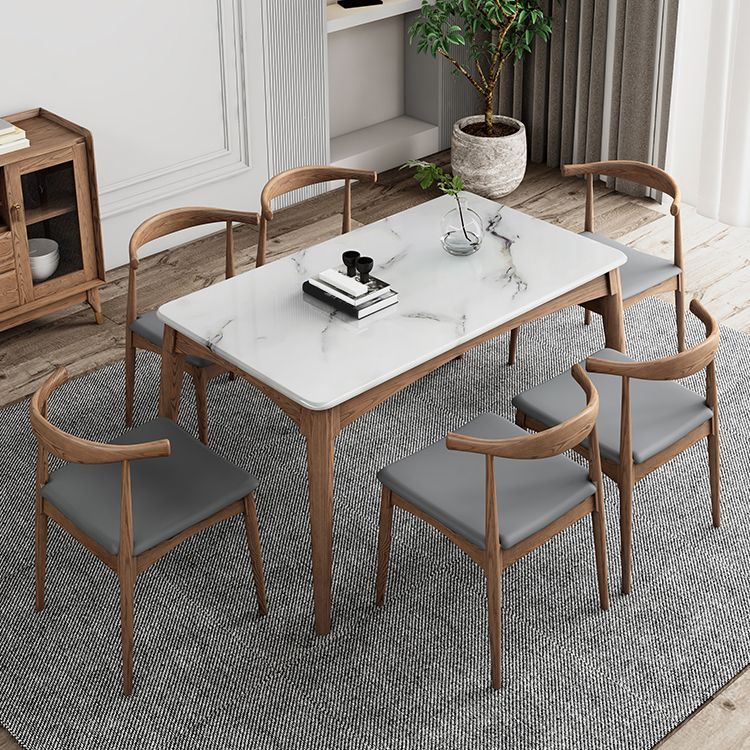 Medieval Modern Sintered Stone Table Kitchen Rectangle White Top Table with 4 Wood Legs
