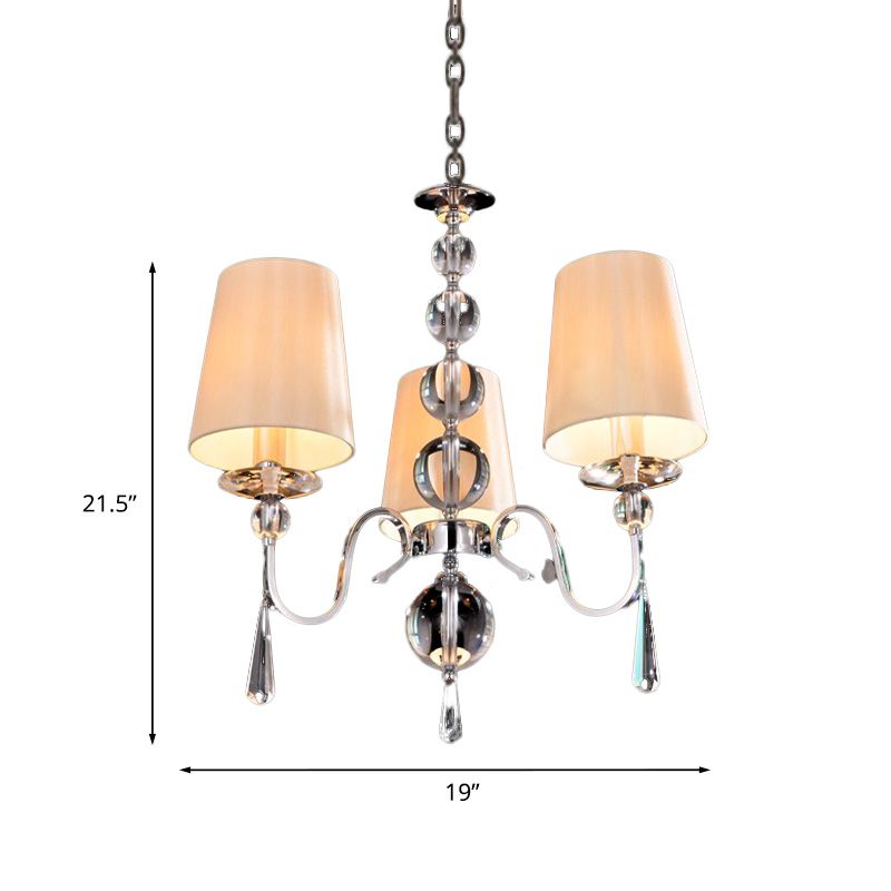 Conic Fabric Hanging Chandelier Modernist 3 Heads Restaurant Down Lighting with Gourd Crystal Decor in Chrome