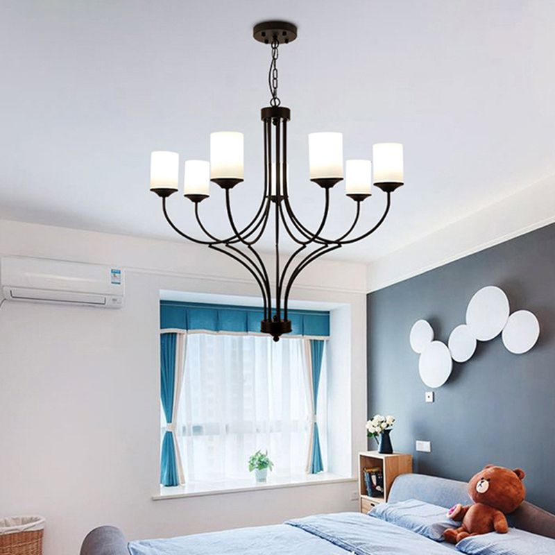 Cylinder Bedroom Pendant Chandelier Traditional Opal Glass 7 Lights Black Hanging Fixture