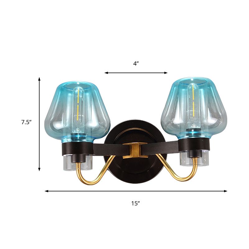 Mushroom Blue Glass Wall Mounted Lamp Modern 2 Bulbs Bedroom Sconce Light in Black
