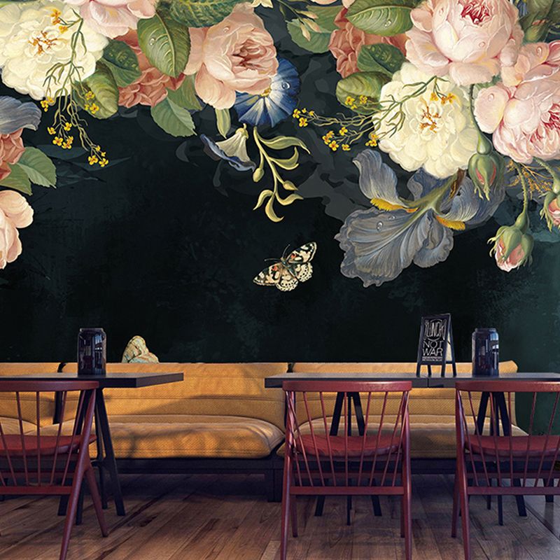 Non-Woven Fabric Mural Full Size Blackish Green Blossoming Rose Wall Decor, Personalized Size Available