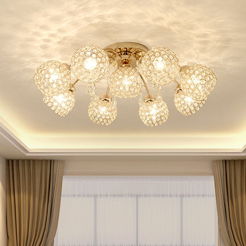 6/9 Heads Semi-Flush Mount Light Minimalist Ceiling Mounted Fixture with Sphere Crystal Embedded Shade in Gold