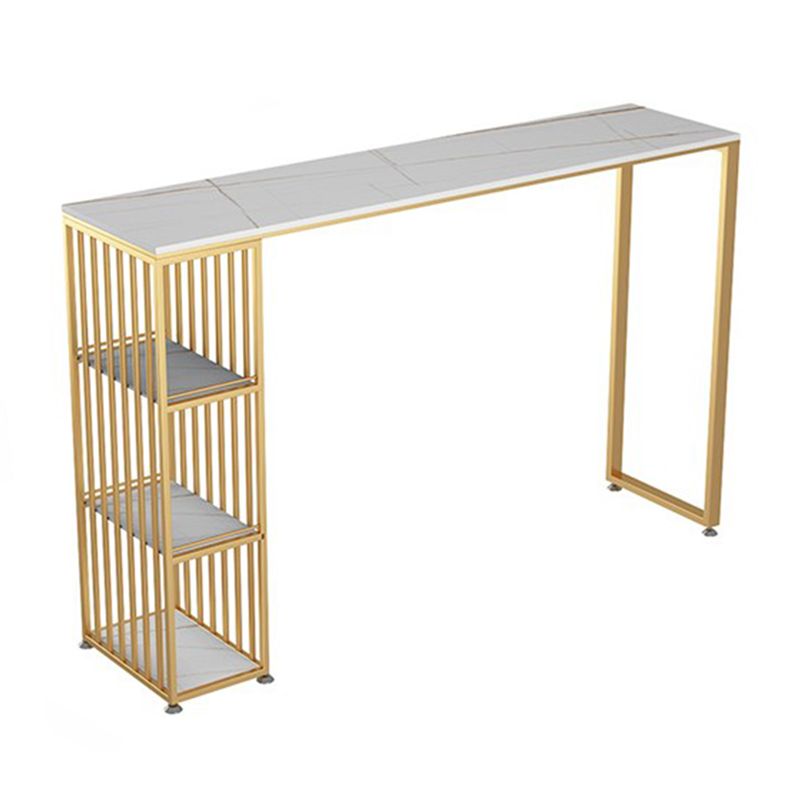 Glam Rectangle Pub Table for Living Room Glossy White Stone Top Bar Table with Storage