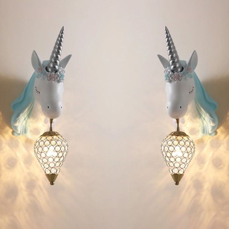 Crystal Droplet Wall Mount Light Cartoon 1-Bulb Sconce Fixture with Unicorn Deco for Kids Room