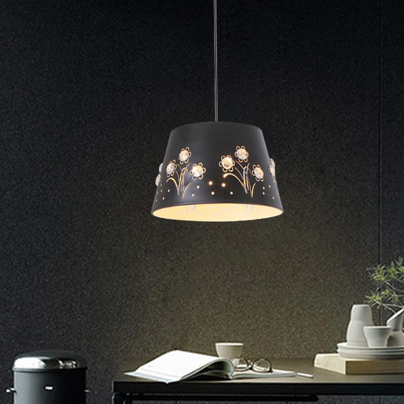 Tapered Hollowed Out Iron Pendant Nordic 1 Head Blue/Black/White Hanging Ceiling Light with Crystal Accent