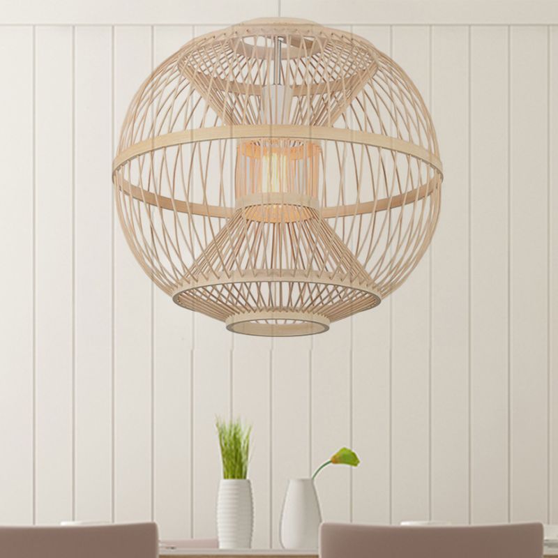 Ball Shade Dining Room Hanging Lighting Bamboo 1 Bulb Modernist Style Ceiling Light Fixture in Beige