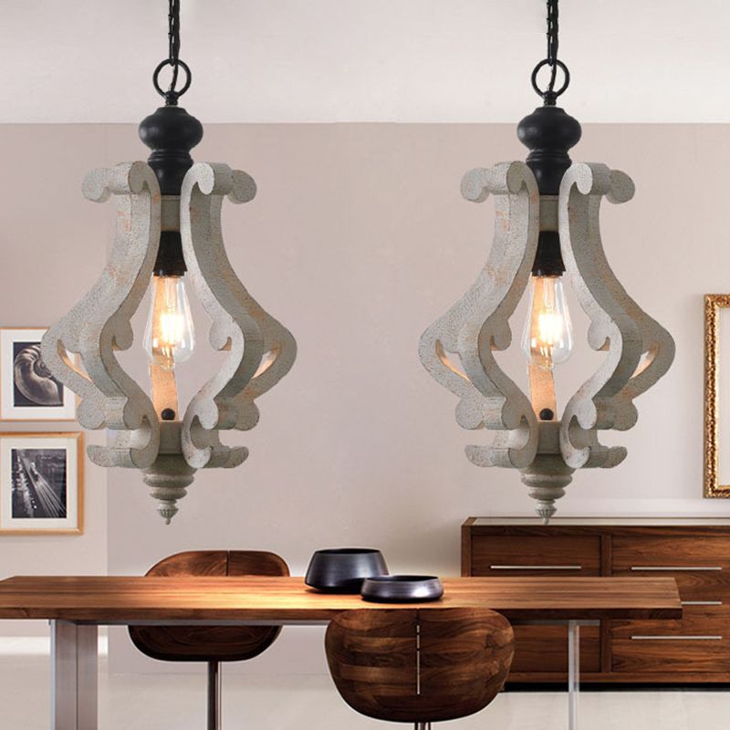 Wood Distressed White Pendant Light Scrolled Frame 1 Bulb Traditional Style Hanging Lamp Kit for Dining Room