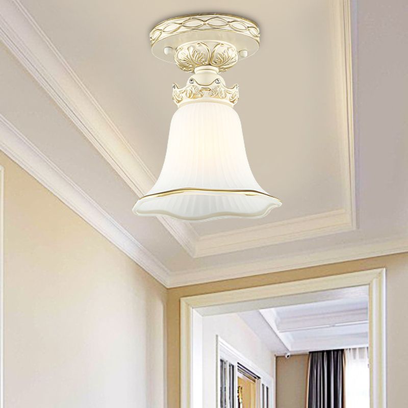White 1 Head Flush Mount Light Vintage Milky Glass Ridged Flower Ceiling Fixture with Crown Design