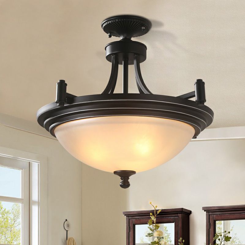 Bowl Shade Frost Glass Semi Flush Mount Vintage 3 Bulbs Entryway Ceiling Mounted Light in Black