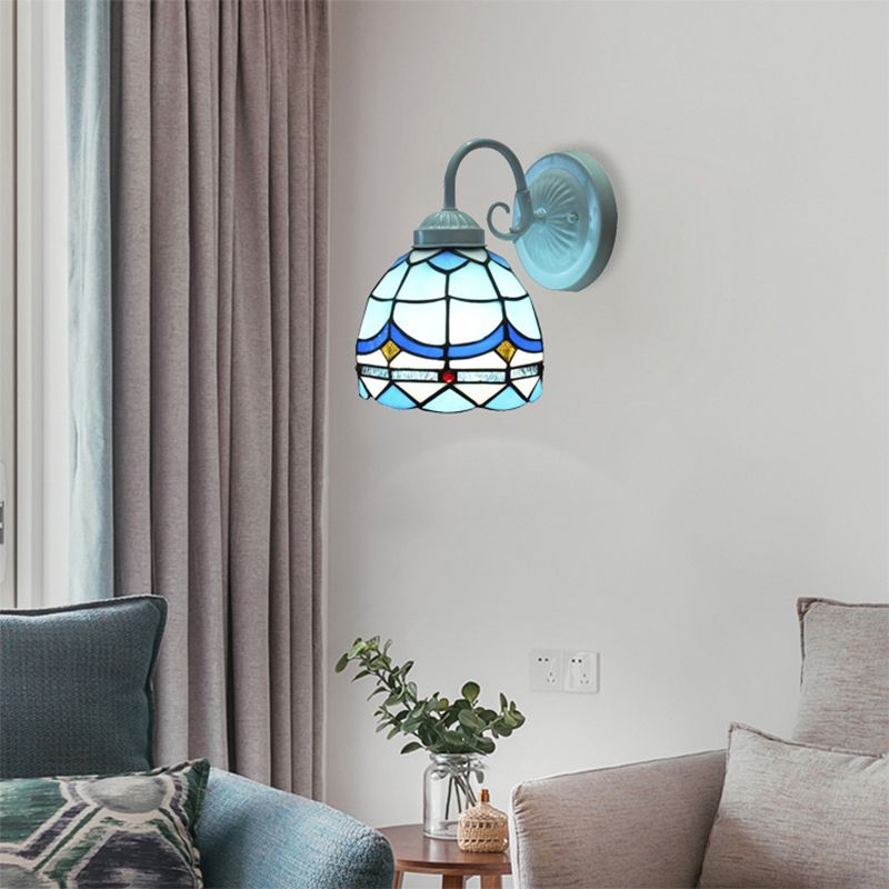 Tiffany Domed Small Wall Light Stained Glass 1 Head Blue Wall Sconce in White Finish for Living Room