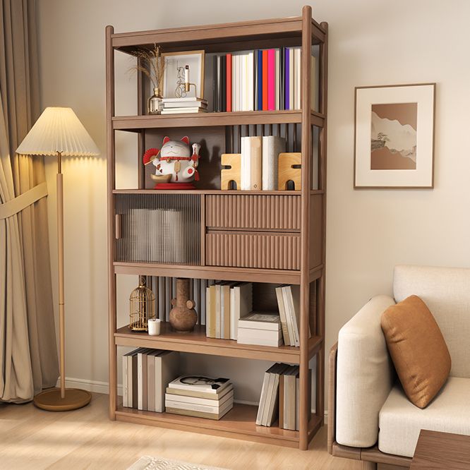 Brown/Natural Glass Paned Cabinet, Solid Wood Mid-Century Modern Cabinet