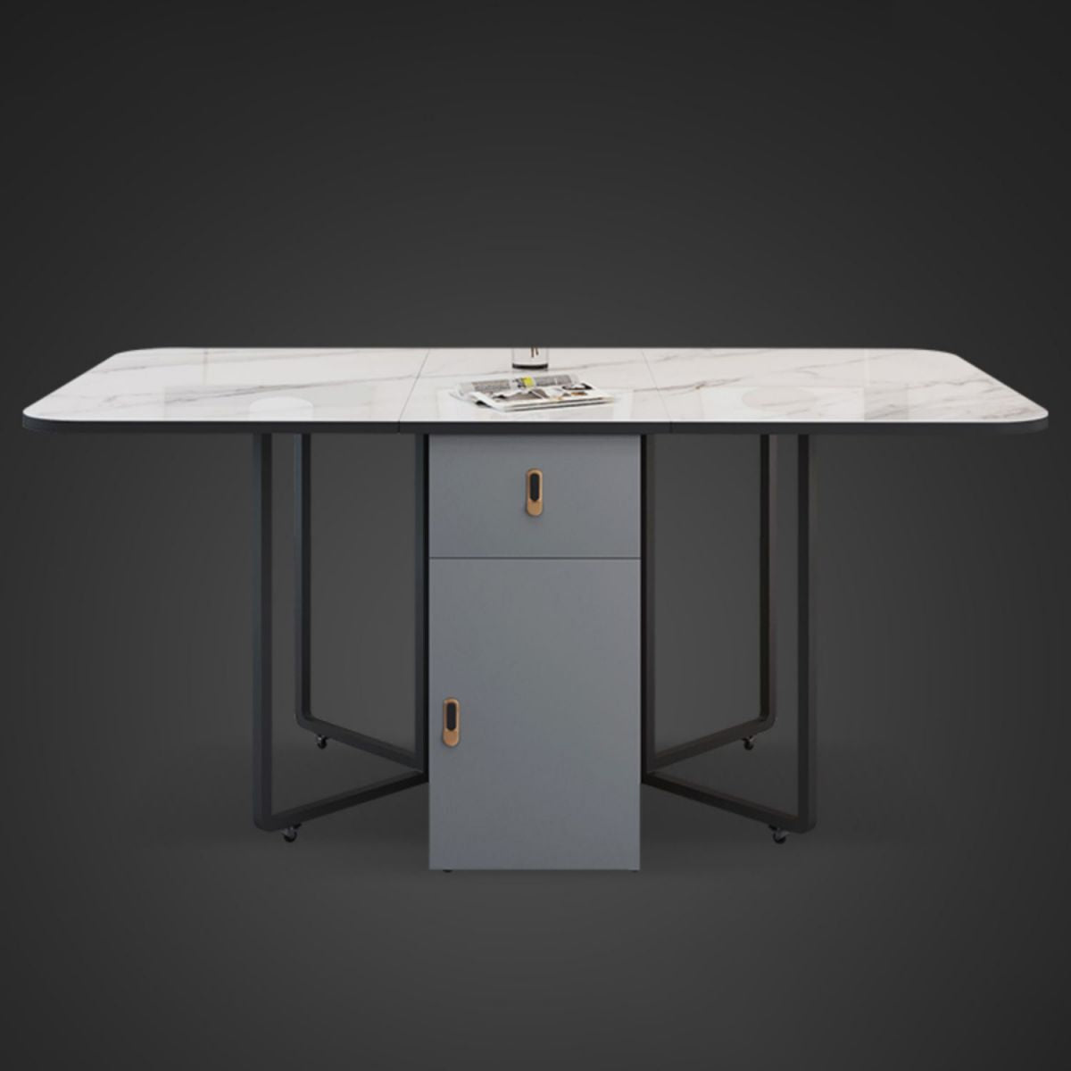 Modern Style Rectangle Dining Table Sintered Stone Drop-Leaf Dining Table with Black Frame