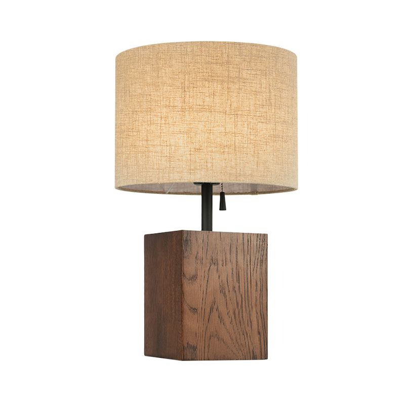 Lámpara de mesa de tela de bulbo 1 de cilindro de cilindro de lino, base de madera rectangular marrón