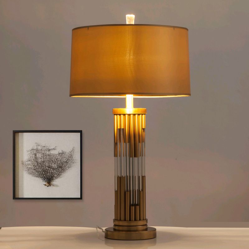 Column Desk Lamp Modernist Hand-Cut Crystal 1 Bulb Gold Table Light with Fabric Shade