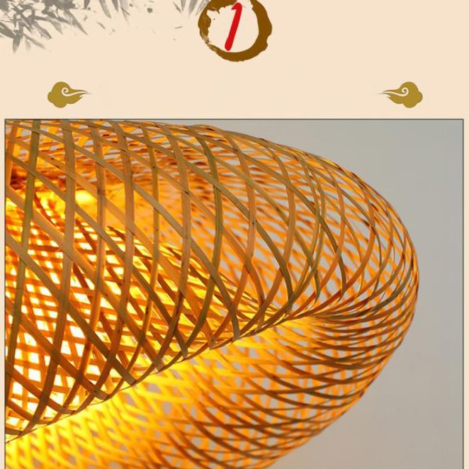 Straw Hat Shaped Bamboo Weaving Suspension Lamp Asian Style Single Bulb Hanging Light with 47" Adjustable Hanging Wire