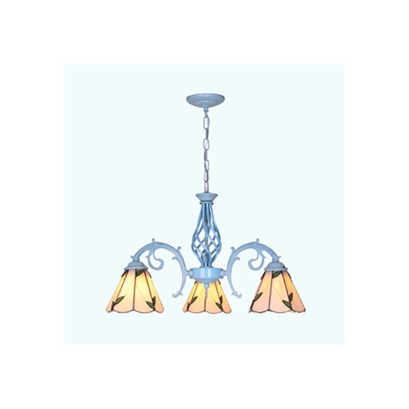 Leaf Chandelier Lighting with Conical Glass Shade 3 Lights Lodge Pendant Lighting in Beige