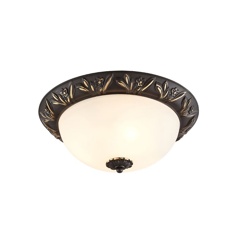 2/3 Bulbs Flush Mount Traditional Cloche Ivory Glass Ceiling Lamp with Sculpted Flower Trim in Black/Brass