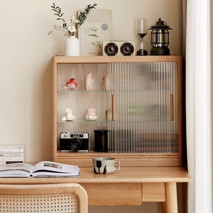 Solid Wood No Distressing Natural Glass Paned Accent Cabinet