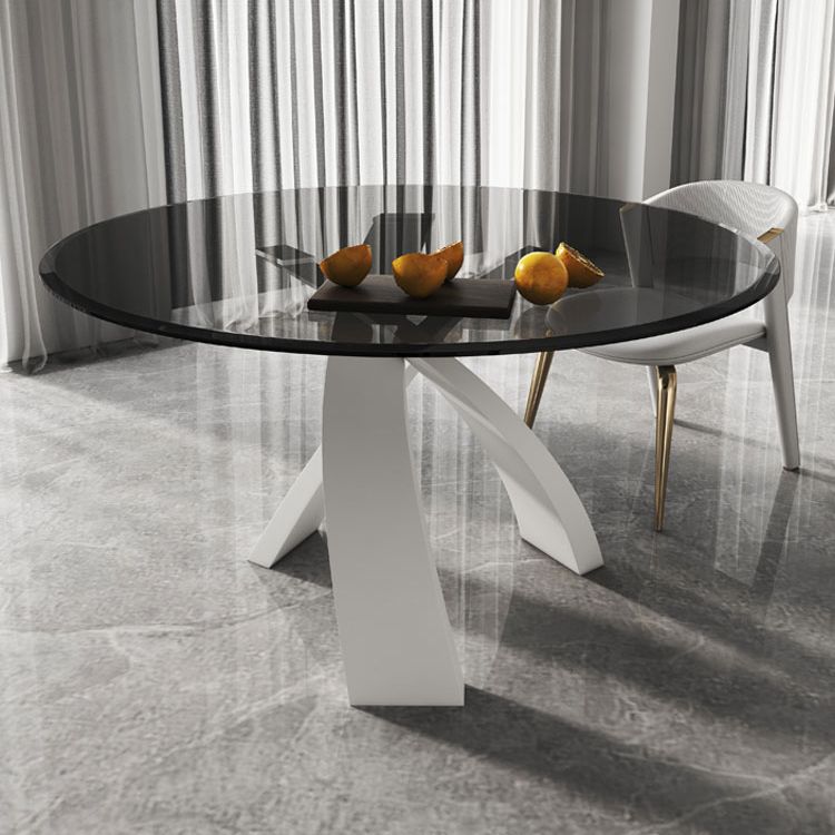 Modern Round Dining Table Glass Tabletop with Metal Pedestal Base