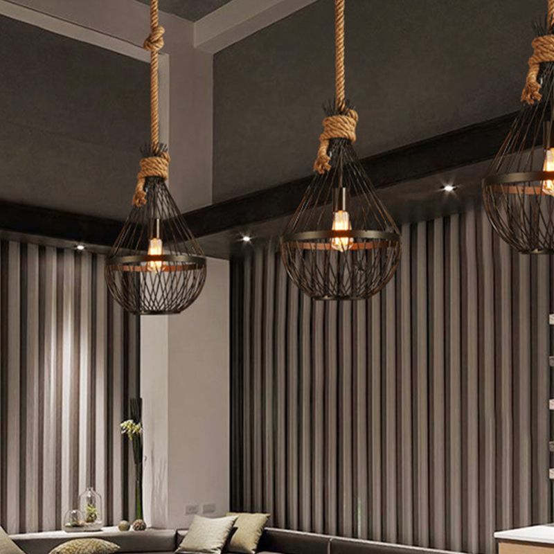 1 testa lampada a soffitto lampada da soffitto campagna per finitura in metallo nero ristorante a sospensione con corda