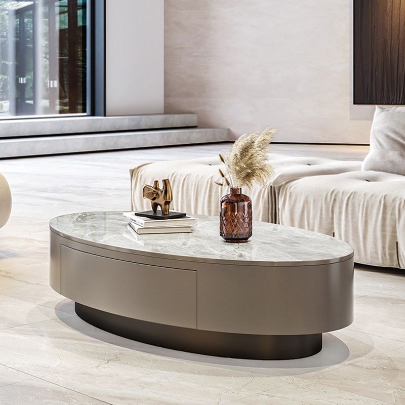 Glam 13.7" H Oval Slate Coffee Table Iron Drum Cocktail Table with Drawer