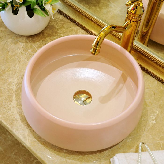 Traditional Bathroom Sink Porcelain Round Vessel Sink with Pop-Up Drain