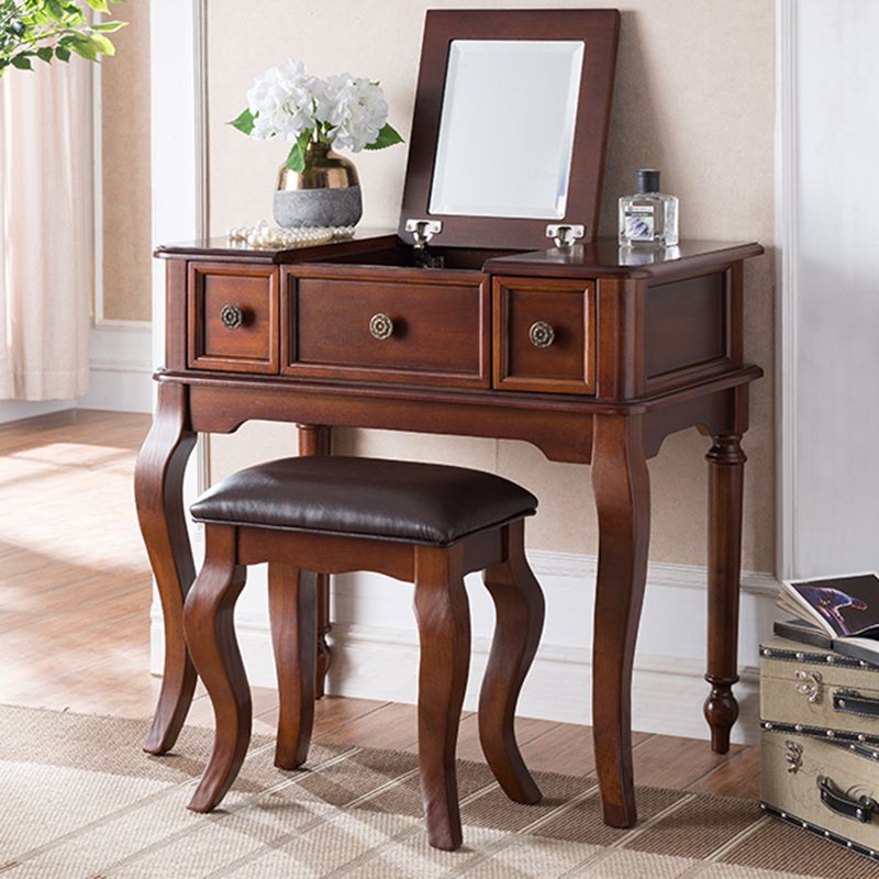 Traditional Flip-Top Vanity Dressing Table Wooden Makeup Vanity Set