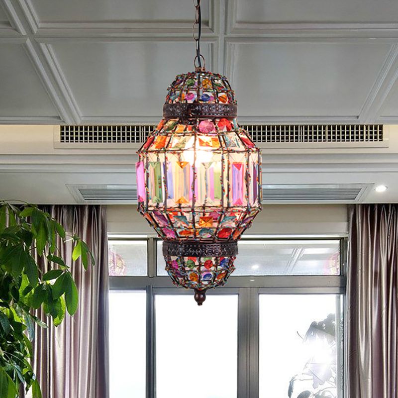 Iluminación colgante de linterna con bloqueo de cristal y cuentas bohemia 1 luz de lámpara de luz en cobre antiguo