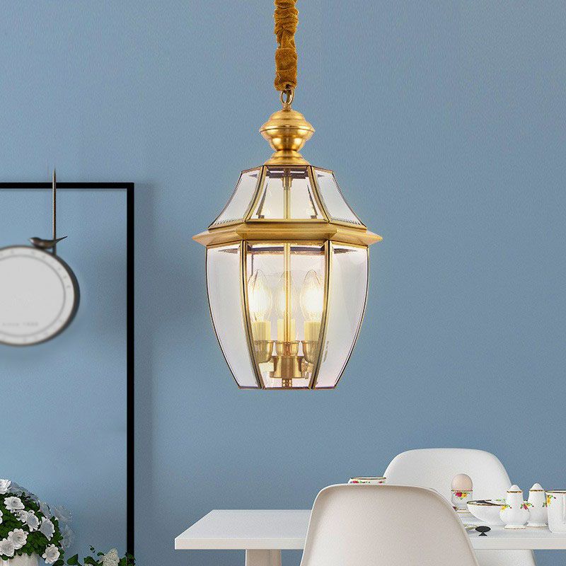 Ceiling Hanging Lantern Antique Oval Clear Glass Pendant Lighting in Brass for Dining Room