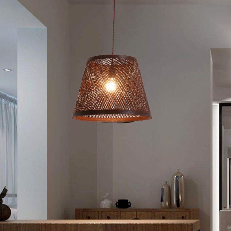 Cone Suspension Pendant Modern Rattan 1 Light Brown Hanging Light Kit for Dining Room
