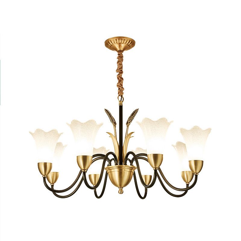 Flower Dining Room Chandelier Lighting Classic Cream Frosted Glass Gold Pendant Light