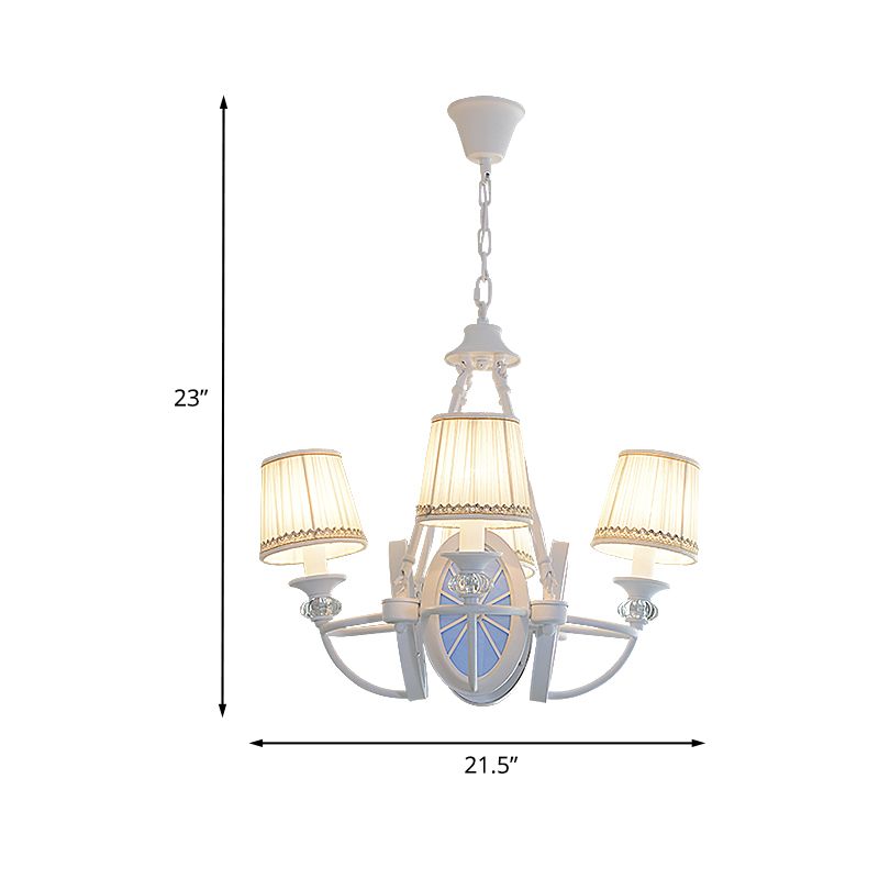 White Bucket Chandelier Lamp Mediterranean 4 Lights Fabric Drop Pendant with Oval Resin Design