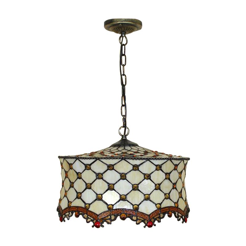 Beige Jeweled Ceiling Lamp Tiffany Stylish 3 Heads Stainless Glass Pendant Lighting with Drum Shade