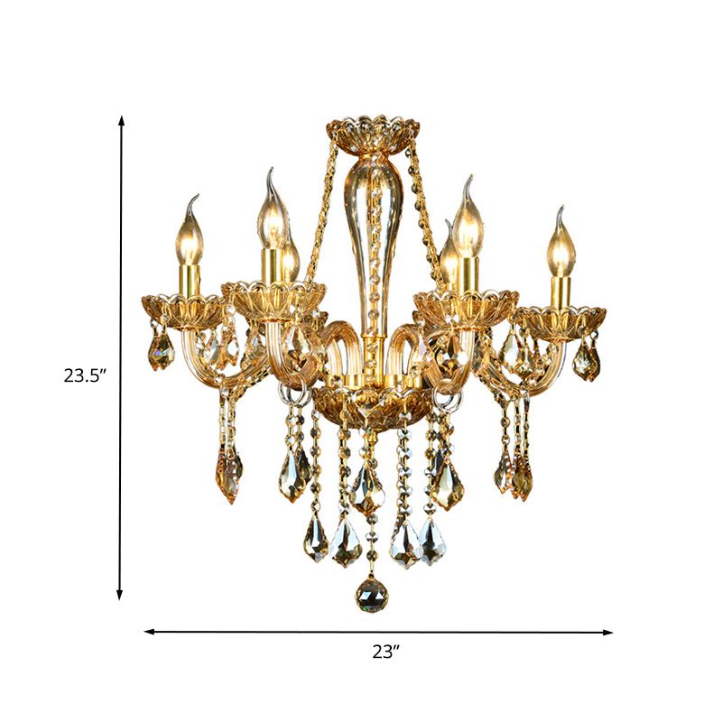 6 Heads Gold Glass Hanging Ceiling Light Traditional Candle Living Room Chandelier Lighting with Crystal Drop