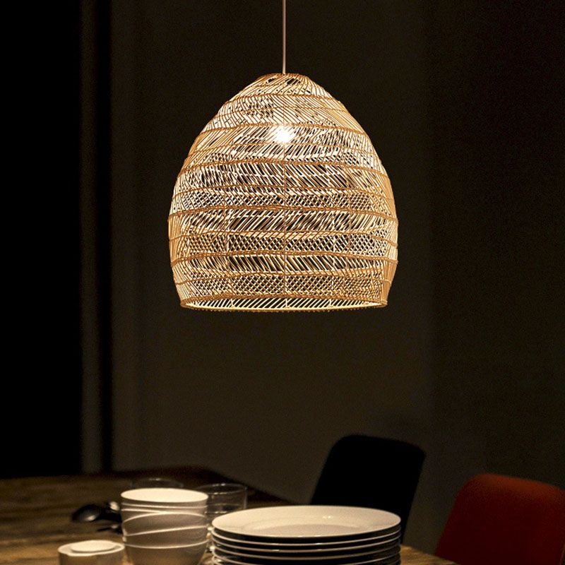 Rattan Cloche Pendant Ceiling Light Asian Single-Bulb Suspension Lighting over Dining Table
