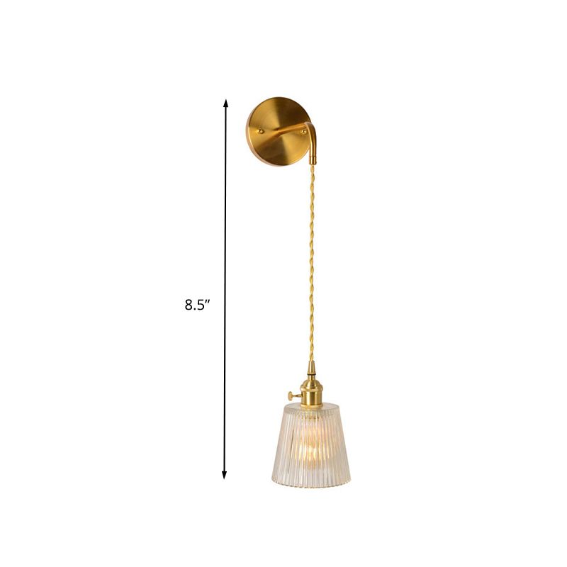 Gold 1 Head Wall Mounted Light Minimalism Clear Ribbed Glass Barrel/Bell/Drum Wall Lighting Fixture