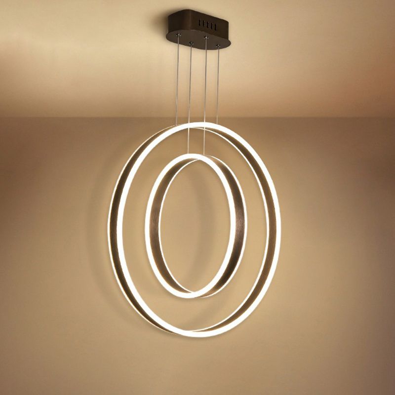 Dark Coffee Dual Hoop Pendant Light Minimalist LED Aluminum Down Lighting in Warm/White Light
