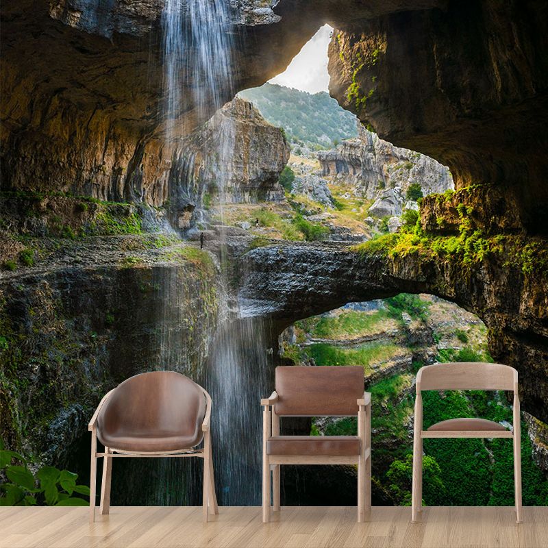 Modern Interior View Mural Green Cave with Cascade Landscape Wall Decor, Made to Measure