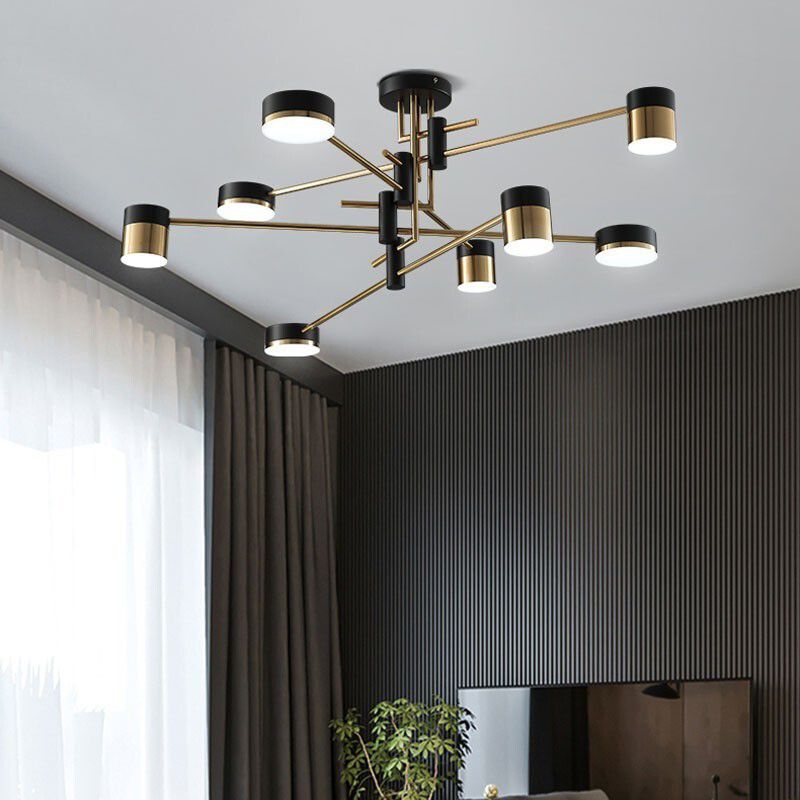 Moderno lampadario a sospensione radiale in metallo Luce a tamburo Sospensione LED Sospensione in nero per soggiorno