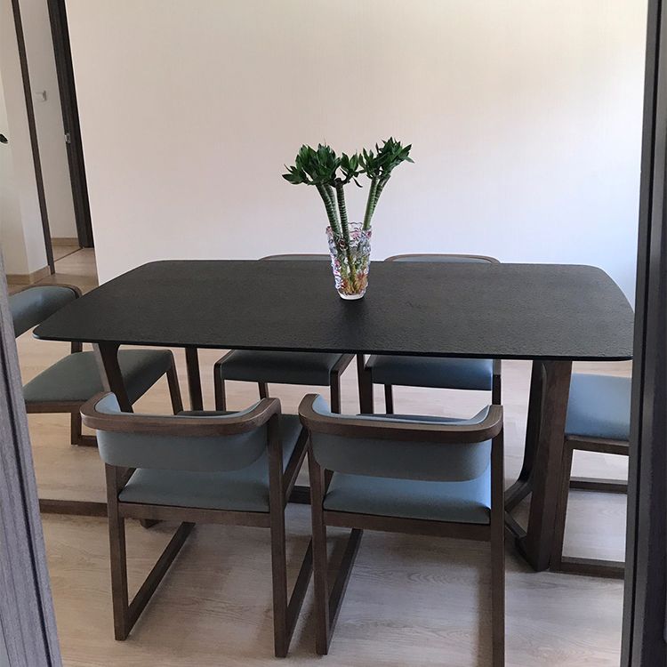 Modern Sintered Stone Dining Table Set Rectangular Dining Table with Solid Wood Base