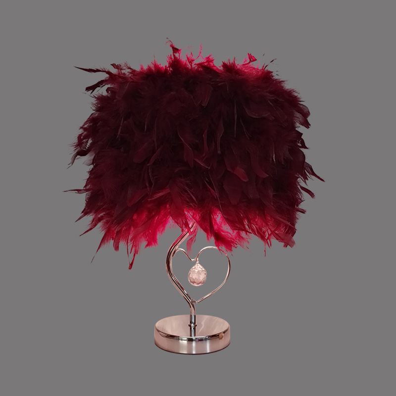 Modern Single Nightstand Lamp Red/White/Pink Bucket Shaped Table Light with Feather Shade and Crystal Drop