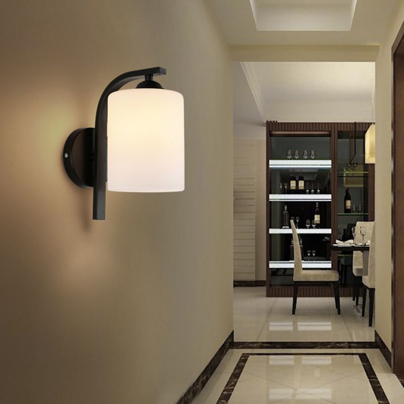 Black Domed Wall Lamp Modern 1-Light White Glass Wall Mounted Light for Stairs