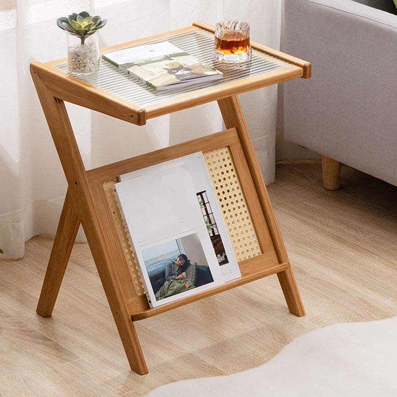 21.6" Tall Modern Rectangular Glass Top Side Table Wood Abstract End Table with Shelf