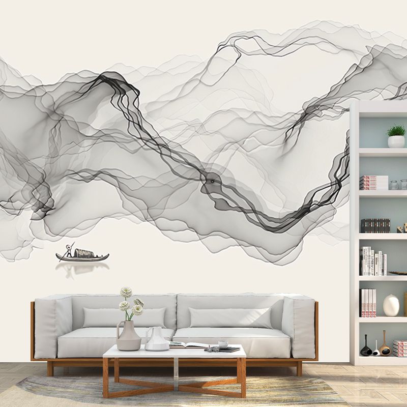 Irked Smoke Mural Wallpaper Black Chinese Traditional Wall Decor for Guest Room